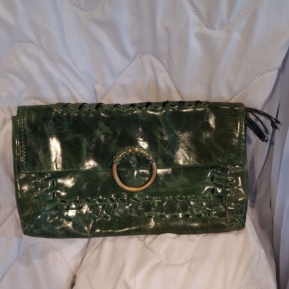 Emerald Green Patent Leather Clutch with Gold Hardware